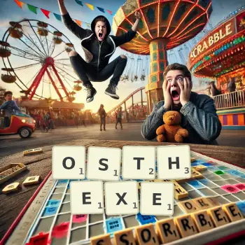 Kreative Illustration für ein Scrabble-Spiel, bei dem das Wort OSTHEXE mit Steinen auf dem Brett gelegt wurde.