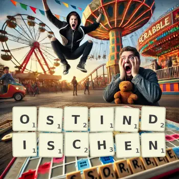 Kreative Illustration für ein Scrabble-Spiel, bei dem das Wort OSTINDISCHEN mit Steinen auf dem Brett gelegt wurde.