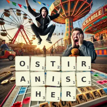 Kreative Illustration für ein Scrabble-Spiel, bei dem das Wort OSTIRANISCHER mit Steinen auf dem Brett gelegt wurde.