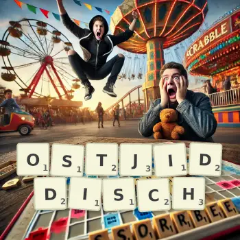 Kreative Illustration für ein Scrabble-Spiel, bei dem das Wort OSTJIDDISCH mit Steinen auf dem Brett gelegt wurde.