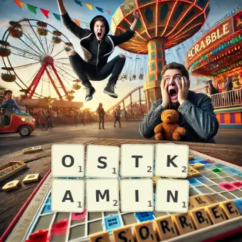 Kreative Illustration für ein Scrabble-Spiel, bei dem das Wort OSTKAMIN mit Steinen auf dem Brett gelegt wurde.