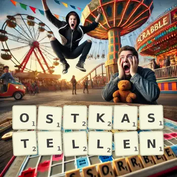 Kreative Illustration für ein Scrabble-Spiel, bei dem das Wort OSTKASTELLEN mit Steinen auf dem Brett gelegt wurde.