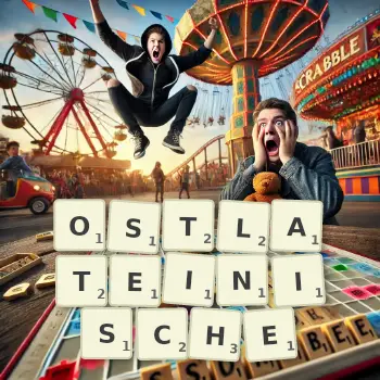 Kreative Illustration für ein Scrabble-Spiel, bei dem das Wort OSTLATEINISCHE mit Steinen auf dem Brett gelegt wurde.