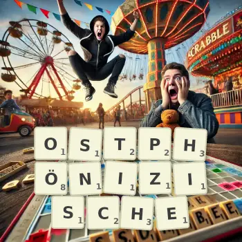 Kreative Illustration für ein Scrabble-Spiel, bei dem das Wort OSTPHÖNIZISCHE mit Steinen auf dem Brett gelegt wurde.