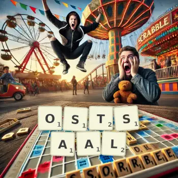 Kreative Illustration für ein Scrabble-Spiel, bei dem das Wort OSTSAAL mit Steinen auf dem Brett gelegt wurde.