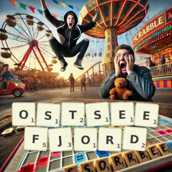 Kreative Illustration für ein Scrabble-Spiel, bei dem das Wort OSTSEEFJORD mit Steinen auf dem Brett gelegt wurde.