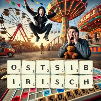 Kreative Illustration für ein Scrabble-Spiel, bei dem das Wort OSTSIBIRISCH mit Steinen auf dem Brett gelegt wurde.