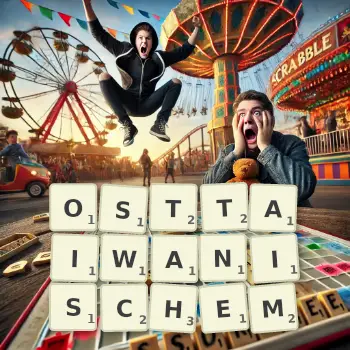 Kreative Illustration für ein Scrabble-Spiel, bei dem das Wort OSTTAIWANISCHEM mit Steinen auf dem Brett gelegt wurde.