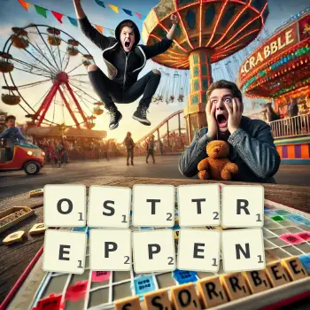 Kreative Illustration für ein Scrabble-Spiel, bei dem das Wort OSTTREPPEN mit Steinen auf dem Brett gelegt wurde.