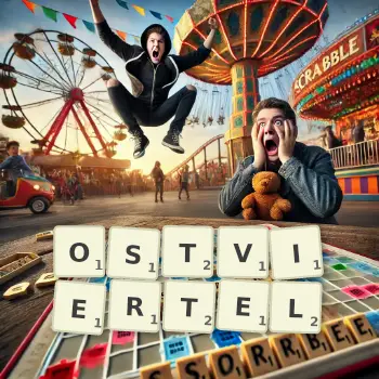 Kreative Illustration für ein Scrabble-Spiel, bei dem das Wort OSTVIERTEL mit Steinen auf dem Brett gelegt wurde.