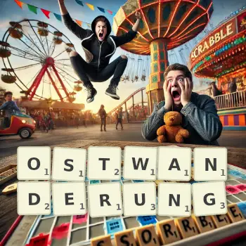 Kreative Illustration für ein Scrabble-Spiel, bei dem das Wort OSTWANDERUNG mit Steinen auf dem Brett gelegt wurde.