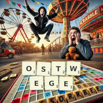Kreative Illustration für ein Scrabble-Spiel, bei dem das Wort OSTWEGE mit Steinen auf dem Brett gelegt wurde.