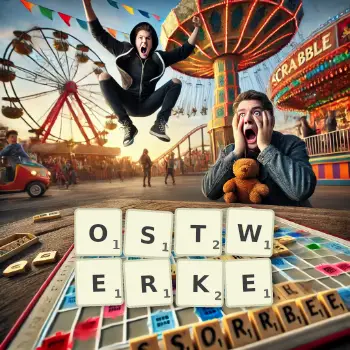 Kreative Illustration für ein Scrabble-Spiel, bei dem das Wort OSTWERKE mit Steinen auf dem Brett gelegt wurde.
