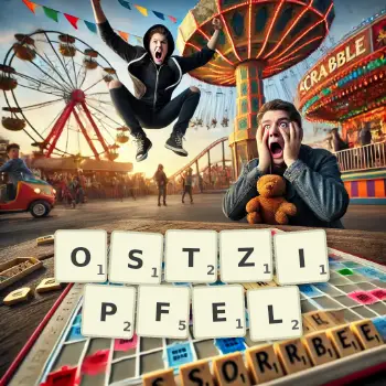 Kreative Illustration für ein Scrabble-Spiel, bei dem das Wort OSTZIPFEL mit Steinen auf dem Brett gelegt wurde.