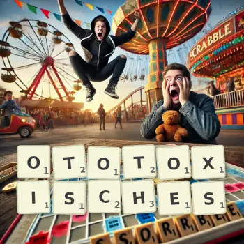 Kreative Illustration für ein Scrabble-Spiel, bei dem das Wort OTOTOXISCHES mit Steinen auf dem Brett gelegt wurde.