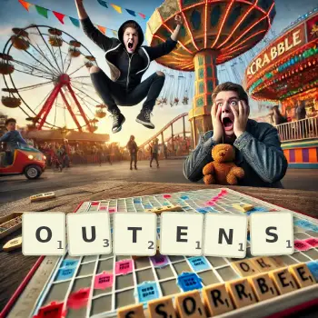 Kreative Illustration für ein Scrabble-Spiel, bei dem das Wort OUTENS mit Steinen auf dem Brett gelegt wurde.