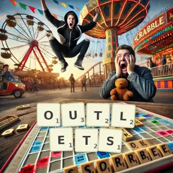 Kreative Illustration für ein Scrabble-Spiel, bei dem das Wort OUTLETS mit Steinen auf dem Brett gelegt wurde.