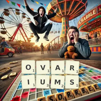 Kreative Illustration für ein Scrabble-Spiel, bei dem das Wort OVARIUMS mit Steinen auf dem Brett gelegt wurde.