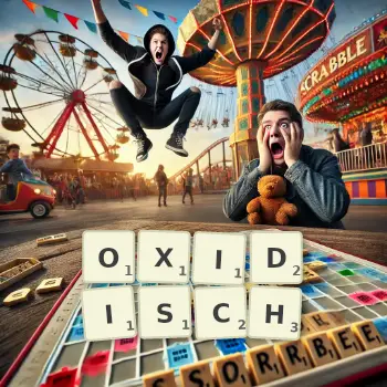Kreative Illustration für ein Scrabble-Spiel, bei dem das Wort OXIDISCH mit Steinen auf dem Brett gelegt wurde.