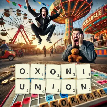 Kreative Illustration für ein Scrabble-Spiel, bei dem das Wort OXONIUMION mit Steinen auf dem Brett gelegt wurde.