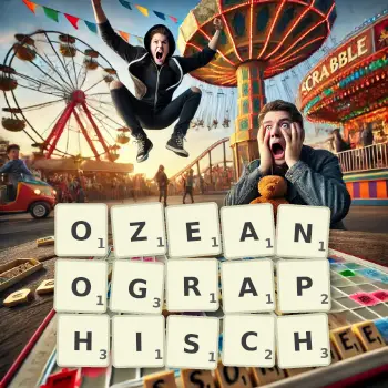 Kreative Illustration für ein Scrabble-Spiel, bei dem das Wort OZEANOGRAPHISCH mit Steinen auf dem Brett gelegt wurde.