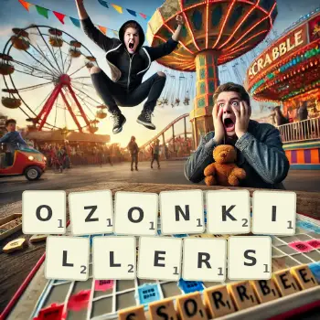 Kreative Illustration für ein Scrabble-Spiel, bei dem das Wort OZONKILLERS mit Steinen auf dem Brett gelegt wurde.