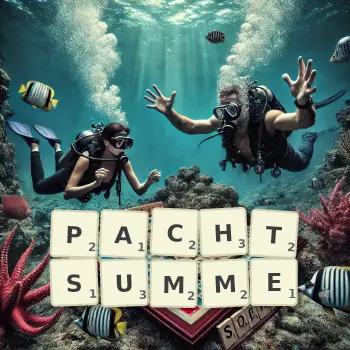 Kreative Illustration für ein Scrabble-Spiel, bei dem das Wort PACHTSUMME mit Steinen auf dem Brett gelegt wurde.