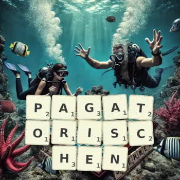 Kreative Illustration für ein Scrabble-Spiel, bei dem das Wort PAGATORISCHEN mit Steinen auf dem Brett gelegt wurde.