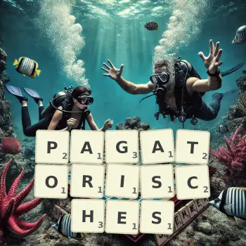 Kreative Illustration für ein Scrabble-Spiel, bei dem das Wort PAGATORISCHES mit Steinen auf dem Brett gelegt wurde.