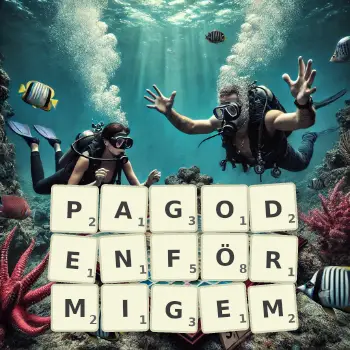 Kreative Illustration für ein Scrabble-Spiel, bei dem das Wort PAGODENFÖRMIGEM mit Steinen auf dem Brett gelegt wurde.