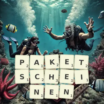 Kreative Illustration für ein Scrabble-Spiel, bei dem das Wort PAKETSCHEINEN mit Steinen auf dem Brett gelegt wurde.
