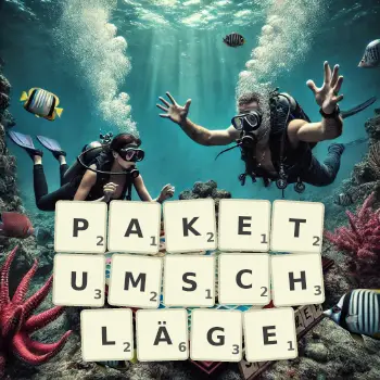 Kreative Illustration für ein Scrabble-Spiel, bei dem das Wort PAKETUMSCHLÄGE mit Steinen auf dem Brett gelegt wurde.