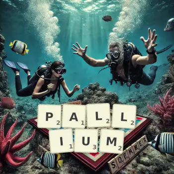 Kreative Illustration für ein Scrabble-Spiel, bei dem das Wort PALLIUM mit Steinen auf dem Brett gelegt wurde.