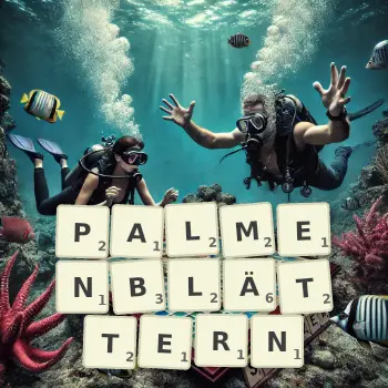 Kreative Illustration für ein Scrabble-Spiel, bei dem das Wort PALMENBLÄTTERN mit Steinen auf dem Brett gelegt wurde.