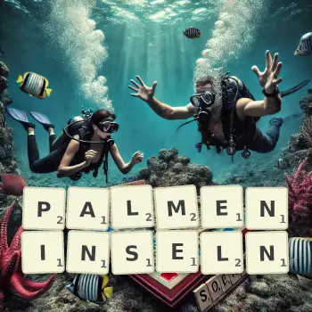 Kreative Illustration für ein Scrabble-Spiel, bei dem das Wort PALMENINSELN mit Steinen auf dem Brett gelegt wurde.