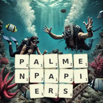 Kreative Illustration für ein Scrabble-Spiel, bei dem das Wort PALMENPAPIERS mit Steinen auf dem Brett gelegt wurde.