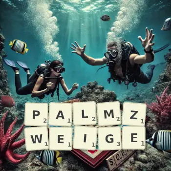 Kreative Illustration für ein Scrabble-Spiel, bei dem das Wort PALMZWEIGE mit Steinen auf dem Brett gelegt wurde.
