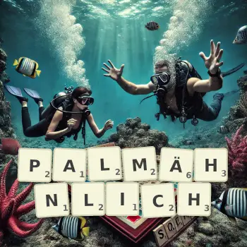 Kreative Illustration für ein Scrabble-Spiel, bei dem das Wort PALMÄHNLICH mit Steinen auf dem Brett gelegt wurde.
