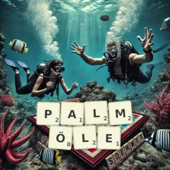 Kreative Illustration für ein Scrabble-Spiel, bei dem das Wort PALMÖLE mit Steinen auf dem Brett gelegt wurde.