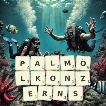 Kreative Illustration für ein Scrabble-Spiel, bei dem das Wort PALMÖLKONZERNS mit Steinen auf dem Brett gelegt wurde.