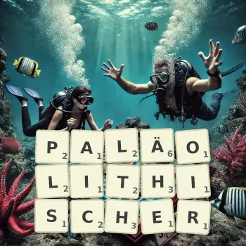Kreative Illustration für ein Scrabble-Spiel, bei dem das Wort PALÄOLITHISCHER mit Steinen auf dem Brett gelegt wurde.
