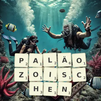 Kreative Illustration für ein Scrabble-Spiel, bei dem das Wort PALÄOZOISCHEN mit Steinen auf dem Brett gelegt wurde.