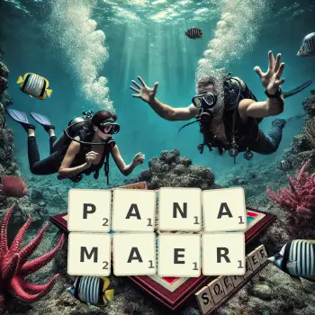 Kreative Illustration für ein Scrabble-Spiel, bei dem das Wort PANAMAER mit Steinen auf dem Brett gelegt wurde.