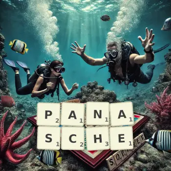 Kreative Illustration für ein Scrabble-Spiel, bei dem das Wort PANASCHE mit Steinen auf dem Brett gelegt wurde.