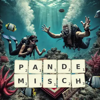 Kreative Illustration für ein Scrabble-Spiel, bei dem das Wort PANDEMISCH mit Steinen auf dem Brett gelegt wurde.