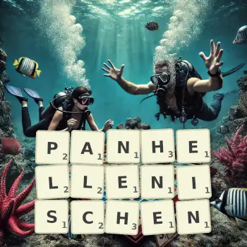 Kreative Illustration für ein Scrabble-Spiel, bei dem das Wort PANHELLENISCHEN mit Steinen auf dem Brett gelegt wurde.
