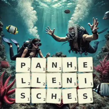Kreative Illustration für ein Scrabble-Spiel, bei dem das Wort PANHELLENISCHES mit Steinen auf dem Brett gelegt wurde.