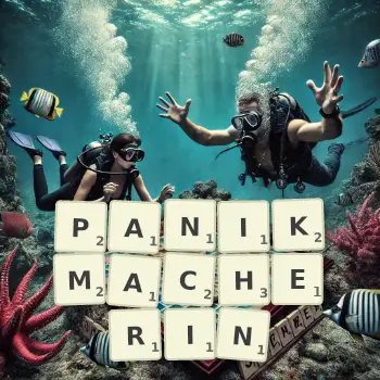 Kreative Illustration für ein Scrabble-Spiel, bei dem das Wort PANIKMACHERIN mit Steinen auf dem Brett gelegt wurde.
