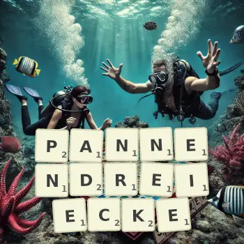 Kreative Illustration für ein Scrabble-Spiel, bei dem das Wort PANNENDREIECKE mit Steinen auf dem Brett gelegt wurde.