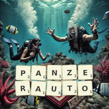 Kreative Illustration für ein Scrabble-Spiel, bei dem das Wort PANZERAUTO mit Steinen auf dem Brett gelegt wurde.